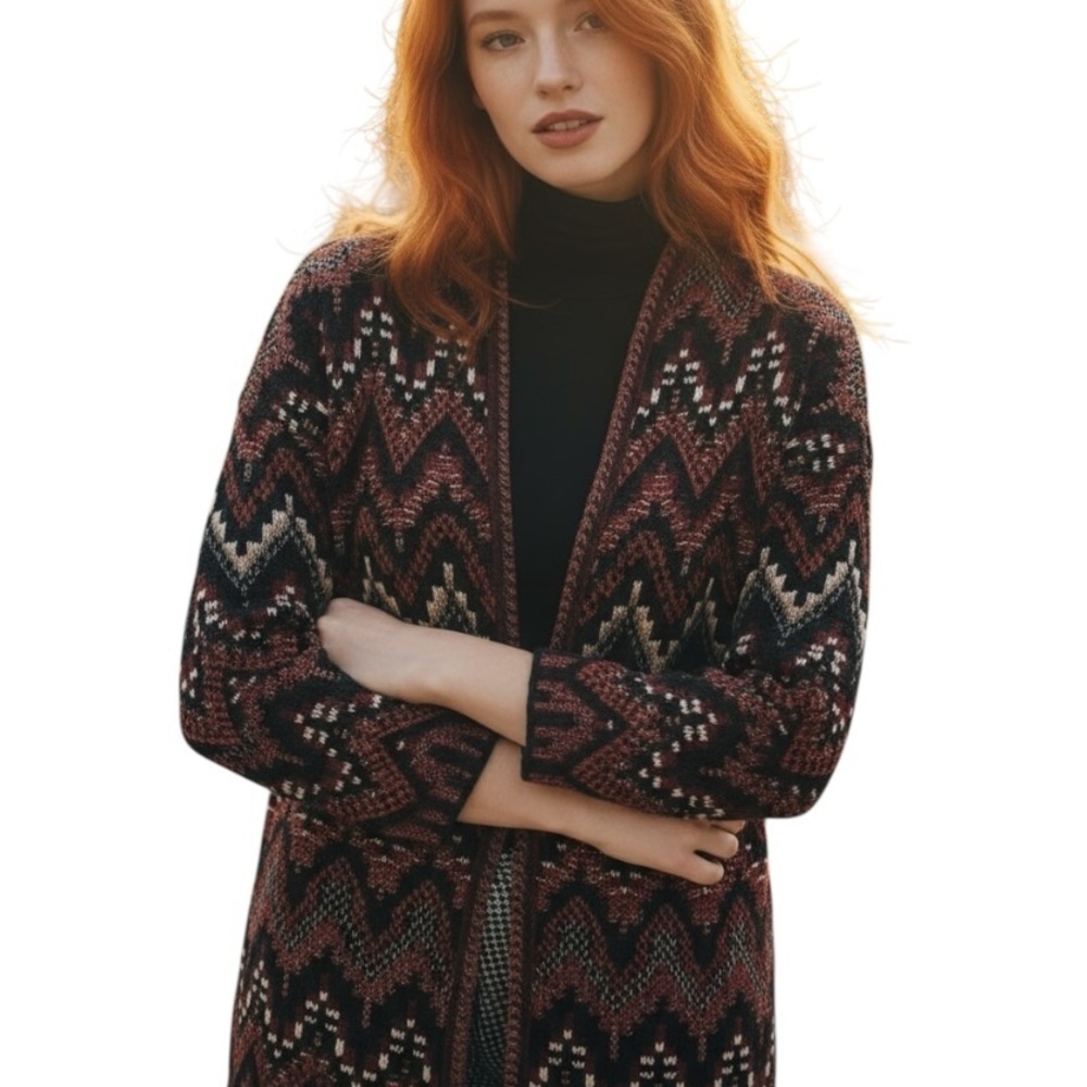 Lucky Brand Small Chevron Open Front Cardigan Thick & Cozy Neutral Tones Wool